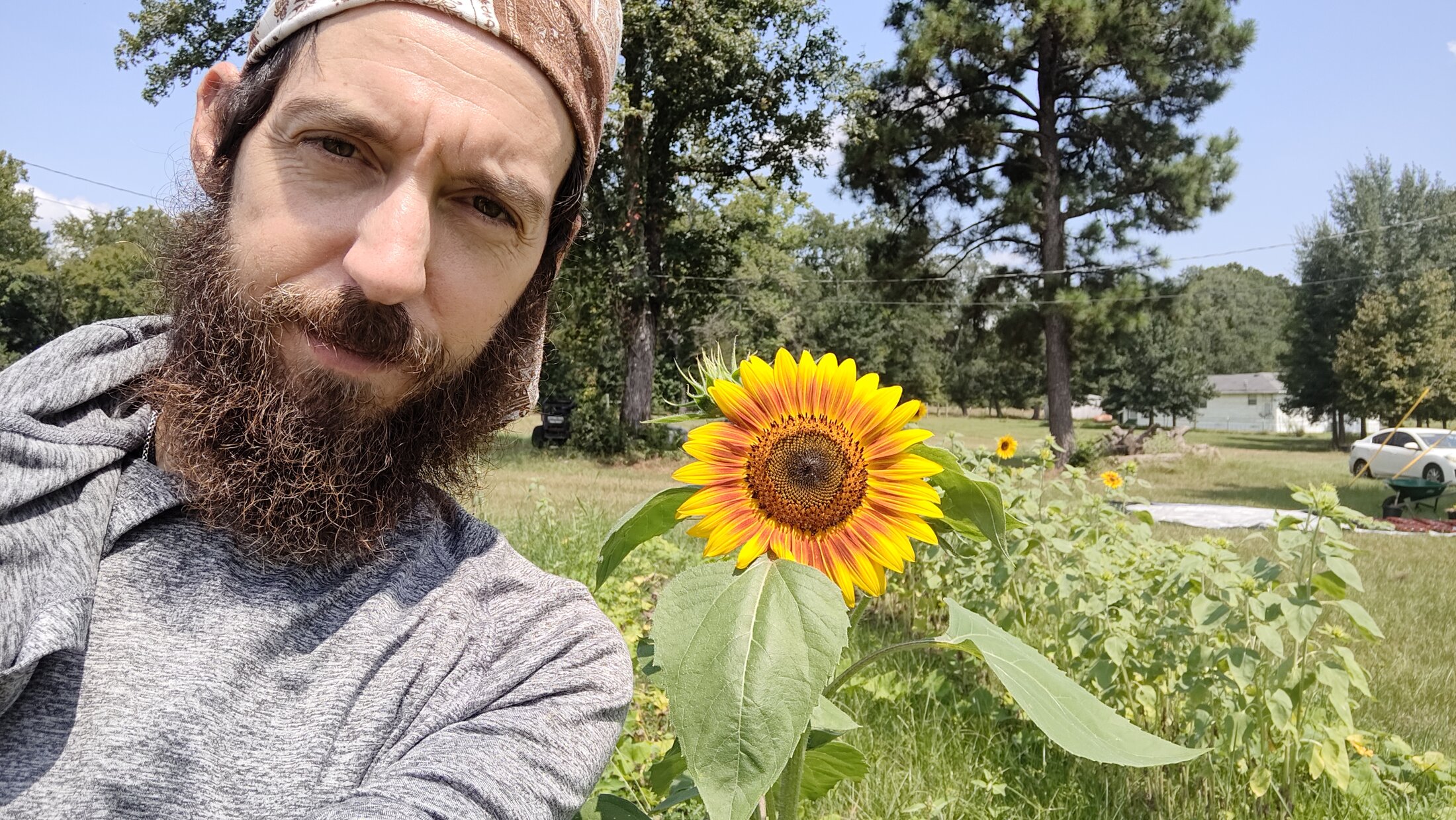 adam standing next to a tall sunflower on the farm